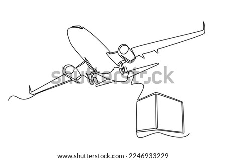 Continuous one line drawing. The plane takes off from the area carrying cardboard boxes. Cargo Concept. Single line draw design vector graphic illustration.