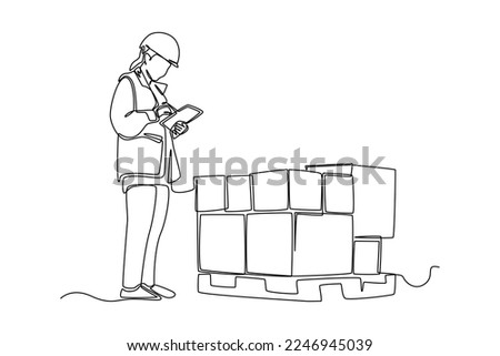Continuous one line drawing Professional woman checking boxes using a digital tablet. Cargo Concept. Single line draw design vector graphic illustration.