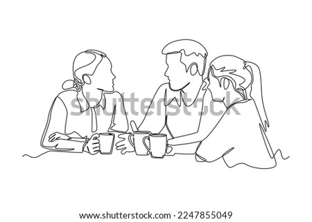 Single one line drawing three friends talking and drinking coffee in a cafe. Hangouts With Friends concept. Continuous line draw design graphic vector illustration.