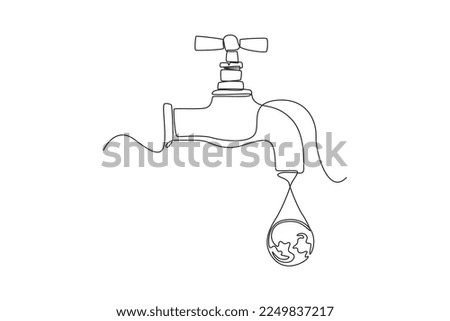 Continuous one line drawing water faucet dripping globe water. World water day concept. Single line draw design vector graphic illustration.