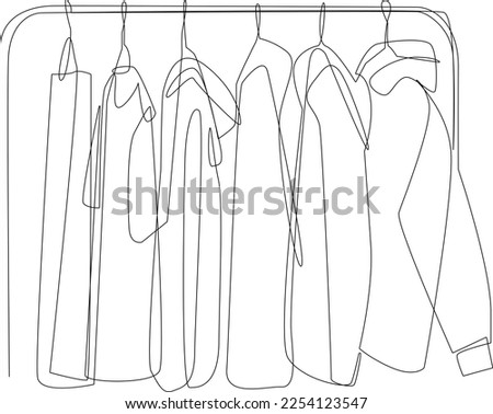 Continuous one line drawing Collection of clothes hanging on a rack. Clothing concept. Single line draw design vector graphic illustration.