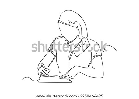 Single one line drawing happy business woman hand holding pen and filling tax form. Tax concept. Continuous line draw design graphic vector illustration.