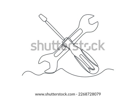 Single one line drawing wrench and screw. Auto service concept. Continuous line draw design graphic vector illustration.