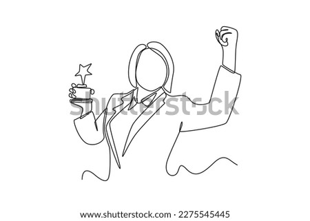 Single one line drawing female employee getting trophy from her office . Employee appreciation day concept. Continuous line draw design graphic vector illustration.