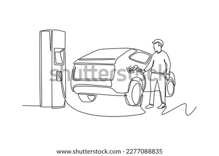 Single one-line drawing young man filling the car gas in the gas station. Gas station concept continuous line draw design graphic vector illustration