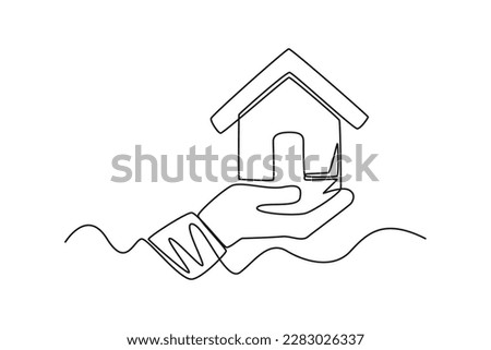 Continuous one-line drawing property insurance icon a hand holding a house. Insurance concept single line draws design graphic vector illustration