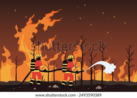 Firefighters with firefighting equipment concept. Colored flat vector illustration isolated.