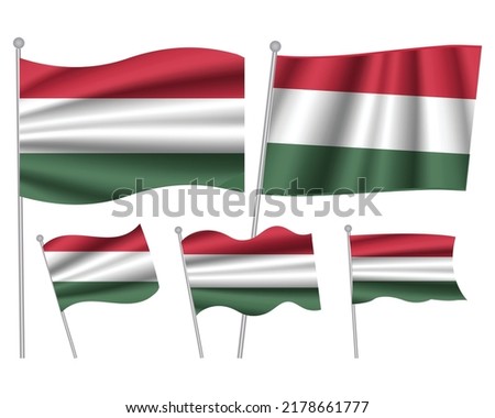 Set of Hungaria waving flag on isolated background vector illustration. 5 Hungarian wavy realistic flag as a symbol of patriotism
