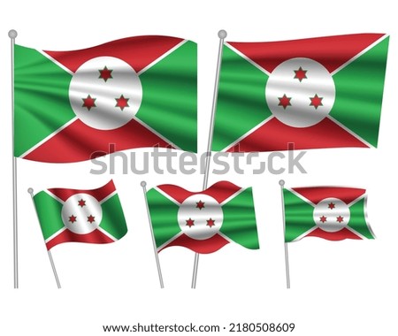 Set of Burundi waving flag on isolated background vector illustration. 5 green red wavy realistic flag as a patriotic symbol
