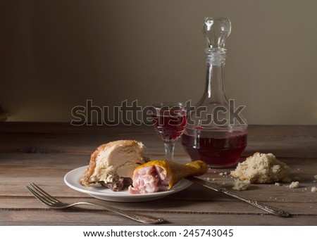 vintage still life with wine and meat