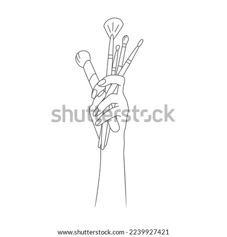 Outline set of brushes for make up. Line vector illustration of makeup artist hand holding collection of cosmetic accessory for face painting. Brush for eyeshadow, brows, blush