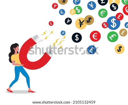 A woman holds up a large magnet. The magnet attracts lots of multi-coloured money from her surroundings.
