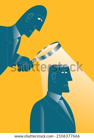 A man with a magnifying glass inspects the open head of another man