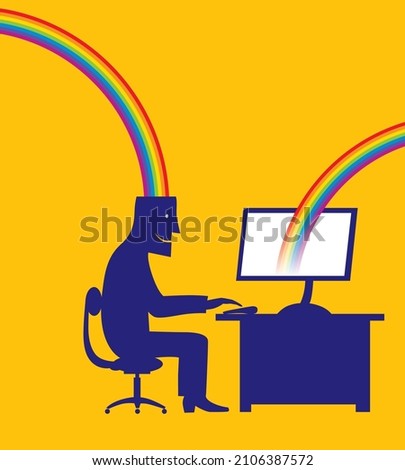 A man sits at a computer. Inspiration, in the form of a rainbow enters his open head. It then leaves his computer screen as another rainbow.