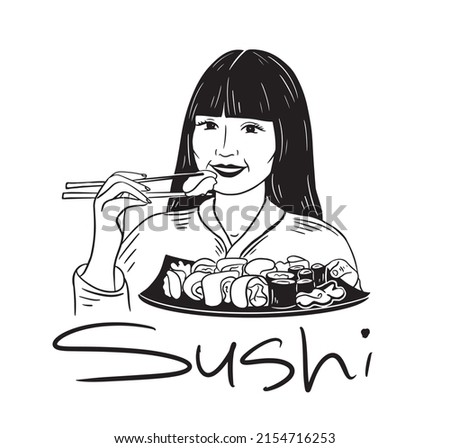 
A beautiful girl eats sushi and holds a plate with a Japanese dish in her hands. Logo for a sushi bar, cafe, restaurant.Vector illustration.