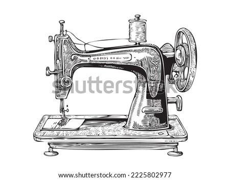 Sewing machine old sketch hand drawn in doodle style Vector illustration.