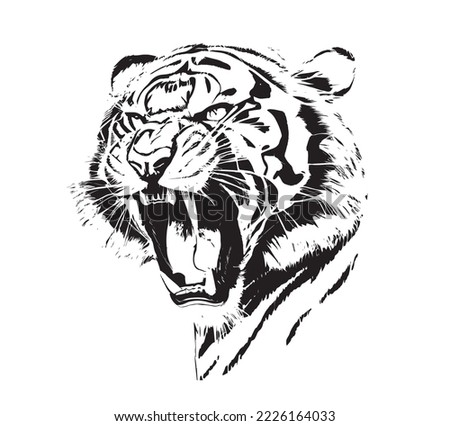 Angry tiger head with roaring mouth hand drawn sketch engraving style vector illustration