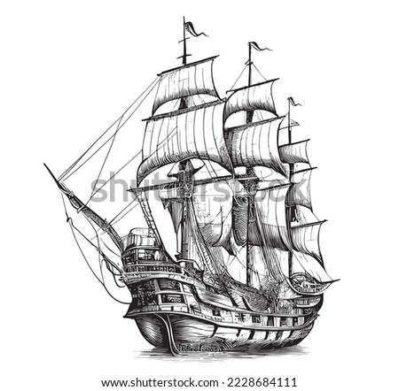 Pirate ship hand drawn sketch Vector illustration