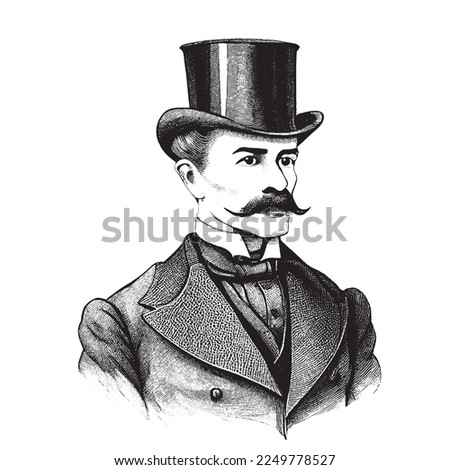 Portrait of an English gentleman with a mustache in a suit and top hat hand drawn sketch Illustration.