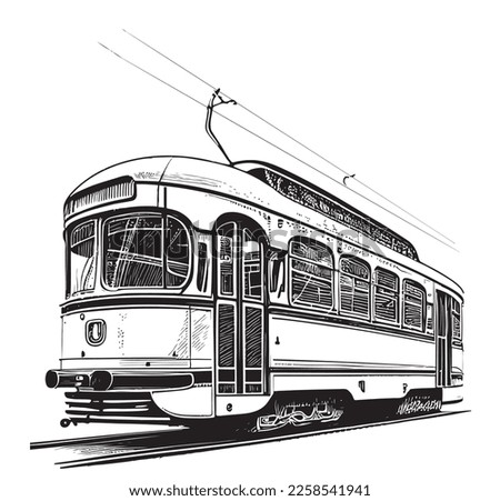 Retro tram hand drawn sketch illustration Retro transport