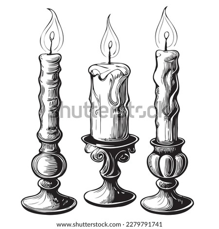 Set of retro candles hand drawn sketch illustration