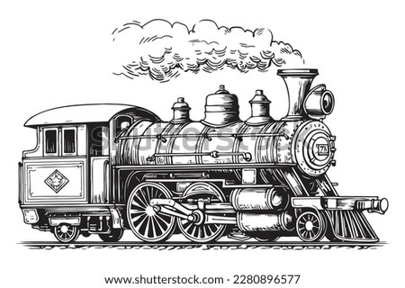 Steam Locomotive vintage hand drawn sketch illustration