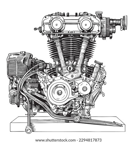 Hand drawing motorcycle engine illustration Transport engineering