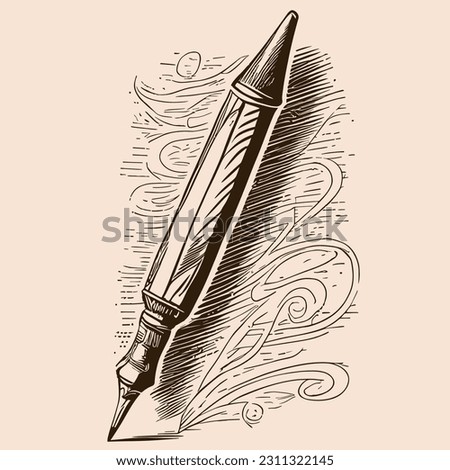 Vintage pen with decor, hand drawn sketch Vector illustration Writing