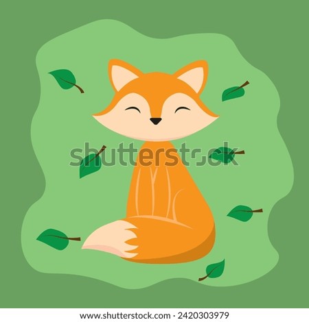 Wild animal vector, smiling fox with leaves, cute kawaii, childish design, for any print