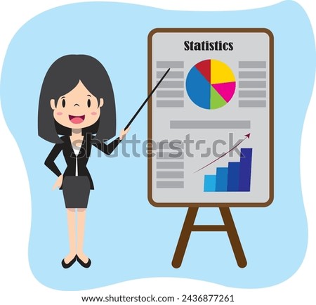 Illustration of businesswoman in black suit, elegant, explaining statistics, teaching, talking to her employees, planning, strategy, in color, presenting, reporting, data analysis, showing results, pr