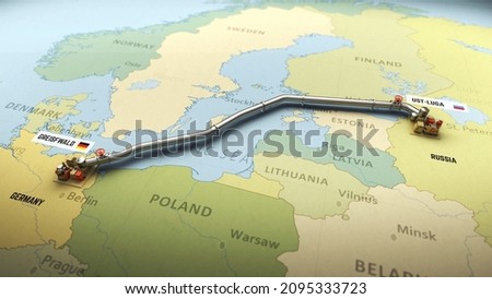 3D Render of Nord Stream 2 gas pipeline emerging on map of Europe connecting Russia and Germany through Baltic Sea Photo stock © 