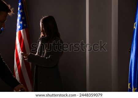 Similar – Image, Stock Photo Content woman with USA flag standing on road