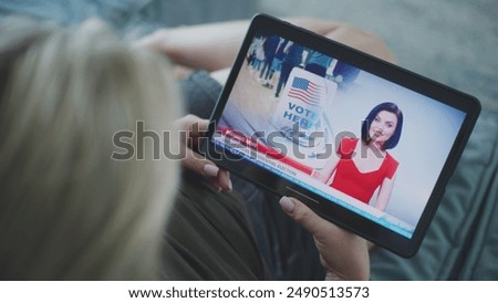 Similar – Image, Stock Photo Content woman with USA flag standing on road