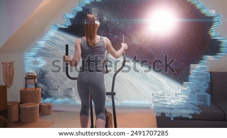 Similar – Image, Stock Photo Sportswoman in headset using social media on smartphone after workout