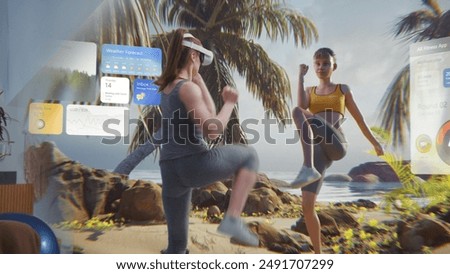 Similar – Image, Stock Photo Sportswoman in headset using social media on smartphone after workout