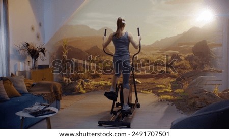 Similar – Image, Stock Photo Sportswoman in headset using social media on smartphone after workout