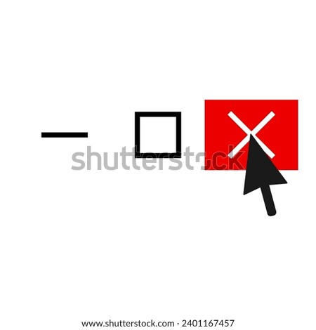 Black cursor on red square x close icon with maximize and minimize next to it, isolated on white background.
