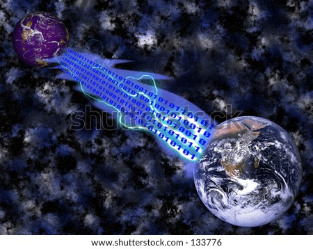 Graphic depicting binary data connection between earth and an imaginary planet