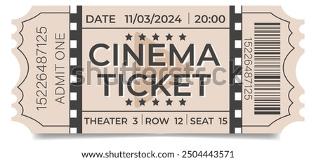 Horizontal cinema ticket with barcode with sharp corners and cinematic film strip and film strip	