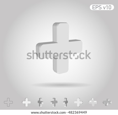 3d vector icon of plus on white background with shadow. Include original view and different angles.