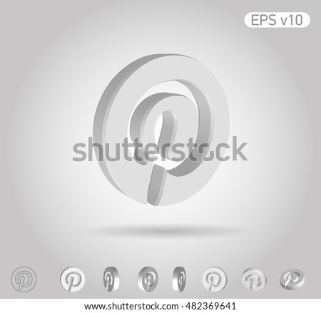 3d vector icon of pinterest on white background with shadow. Include original view and different angles.