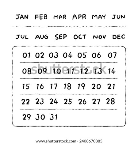 Simple handwritten date in classic style. Vector handwritten numbers calendar. 