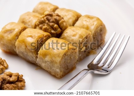 Traditional turkish dessert with syrup wrap with walnut (cevizli dolama) Stok fotoğraf © 
