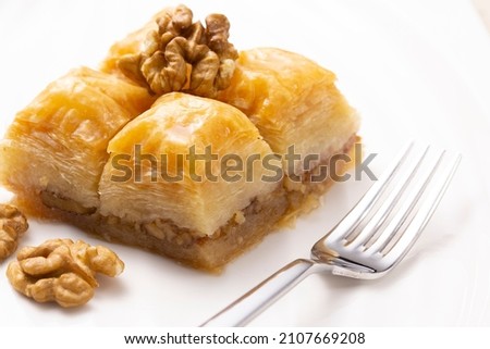 turkisg Baklava with walnuts on a plate - (Cevizli Baklava) Stok fotoğraf © 