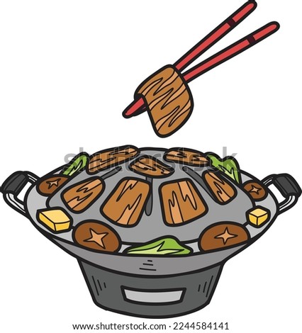 Hand Drawn Moo Kra Ta Grilled pork or Thai food illustration isolated on background