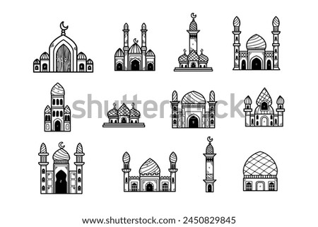A collection of buildings with arches and domes, some of which are mosques. The buildings are in various colors and sizes, and they are arranged in a grid pattern. Scene is one of diversity