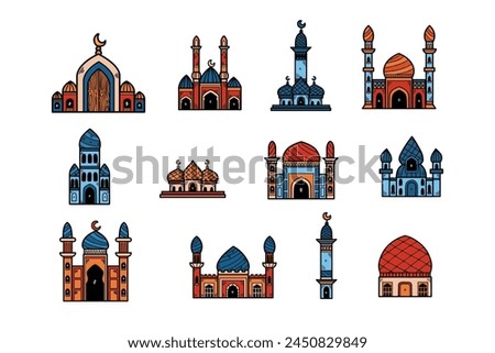 A collection of buildings with arches and domes, some of which are mosques. The buildings are in various colors and sizes, and they are arranged in a grid pattern. Scene is one of diversity