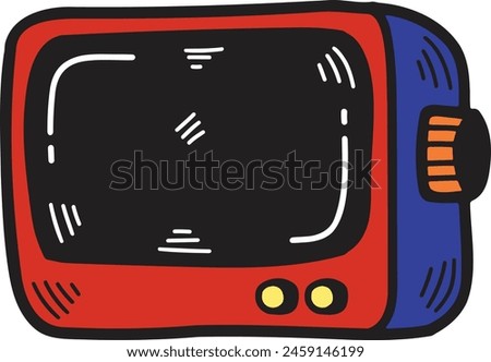 A cartoon drawing of a microwave oven with a black background. The microwave is turned off and has a white knob