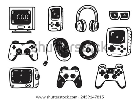 A collection of video game controllers and accessories. The controllers include a Wii remote, a Nintendo GameCube controller, and a Nintendo Wii Nunchuk. The accessories include a headset, a mouse