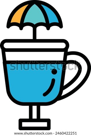 A black and white image of a cup with an umbrella on top. The umbrella is open and the cup is filled with a drink. Concept of relaxation and leisure, as the umbrella